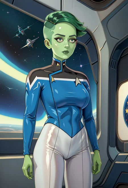 masterpiece, best quality, amazing quality, very aesthetic, high resolution, ultra-detailed, absurdres, 1girl, D'vana Tendi, orion species, Star Trek, in a starfleet uniform, colored skin, green skin, green freckles, colored hair, green hair, undercut, painterly, faux traditional media, realistic,, science fiction, hightech, space, spacecraft,