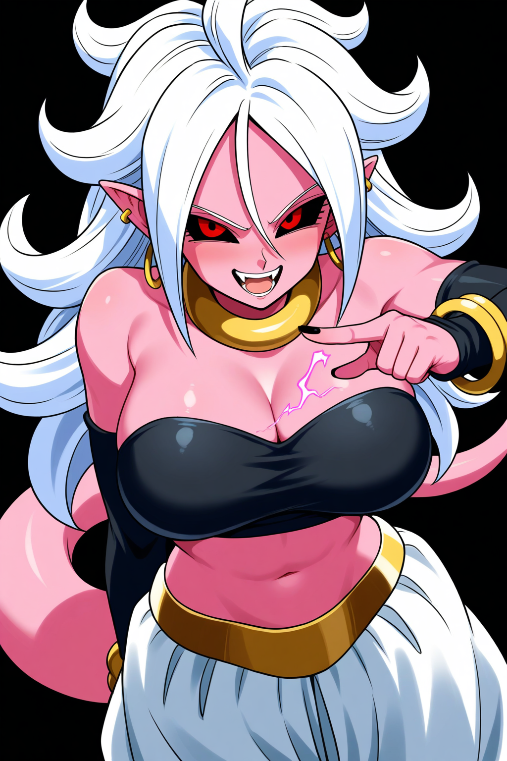 dragon ball, android 21, majin android 21, bare shoulders, black background, black nails, black sclera, black tube top, bracelet, breasts, cleavage, colored sclera, colored skin, crackling energy, demon girl, detached sleeves, earrings, evil smile, fangs, harem pants, hoop earrings, jewelry, long hair, open mouth, pants, pink skin, pointing, red eyes, smile, strapless, tail, tube top, white hair, masterpiece, best quality, great quality, very aesthetic, aesthetic, absurdres