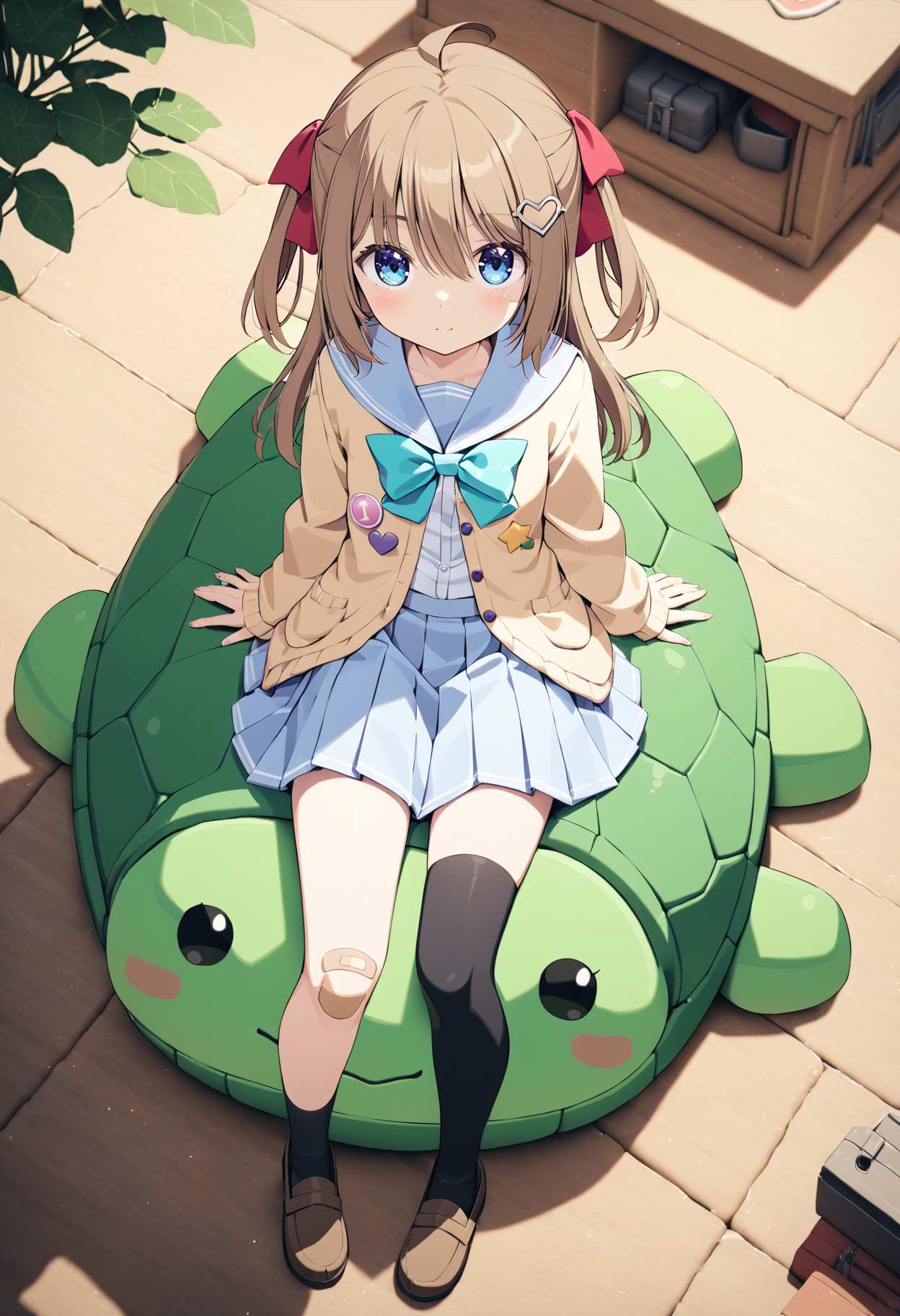 1girl, neuro-sama, (yuzu modoki:1.22),  black thighhighs, black kneehigh, bandaid on knee, (asymmetrical legwear), loafers, brown footwear, looking up, looking at viewer, from above, sitting sidesaddle on giant turtle, full body, blue eyes, aqua bow, yellow cardigan, open cardigan, blue sailor collar, blue skirt, pleated skirt, turtle, (purple heart), button badge, star \(symbol\), drone, the number "1" on a badge, red ribbon, hair ribbon, two side up, heart hair ornament, long sleeves, ahoge, light brown hair, natural lighting, (masterpiece, best quality), detailed scenery, (3d render:0.7), highly detailed, finely detailed, single tail,  <lora:neurosama_animaginexl_3-15:0.7>