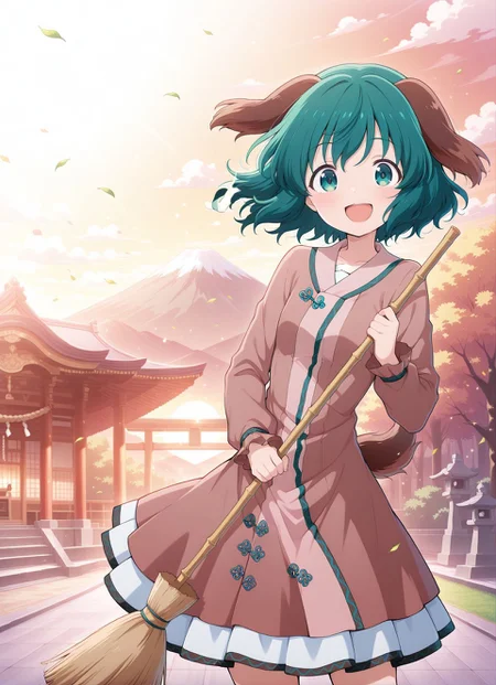 absurdres, highres, masterpiece, best quality, amazing quality, official anime artwork, screencap, anime screencap, outdoors, looking at viewer, light smile, dynamic pose,
<lora:Kyouko-Kasodani_Illustrious:1> kasodani kyouko, 1girl, solo, green eyes, green hair, medium hair, dog ears, dog tail,, brown dress, long sleeves, white socks, brown footwear, holding broom,
open mouth, floating hair, sunset, shrine, cloud, mountain,