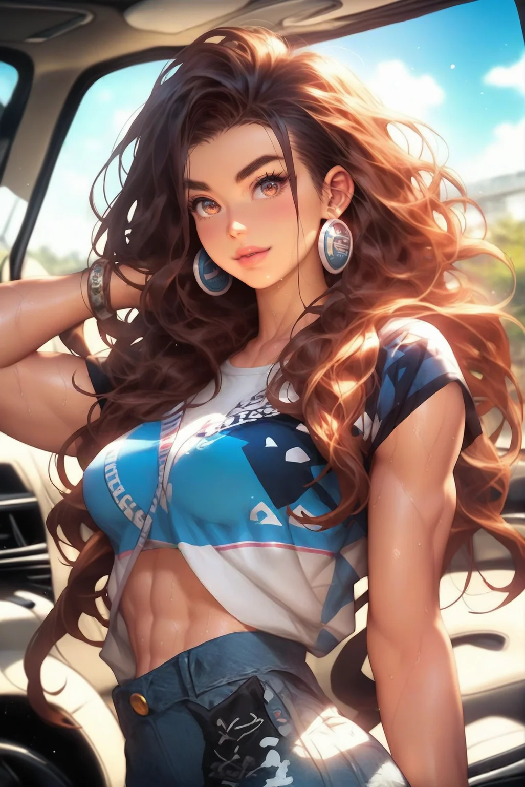 source_anime, score_9, score_8_up, score_7_up, anime style, big pretty eyes, rating_questionable, 1girl, woman, (pastel Kidcore:1.3) cute angel, [:skimpy costume design,:0.2], bombshell hair, brown hair, very long hair, toned body, athletic build, narrow waist, wide hips, medium breasts, korean, car dealership in a great scifi metropolis at the end of reality, masterpiece<lora:EnvyPonyPrettyEyes01:1>