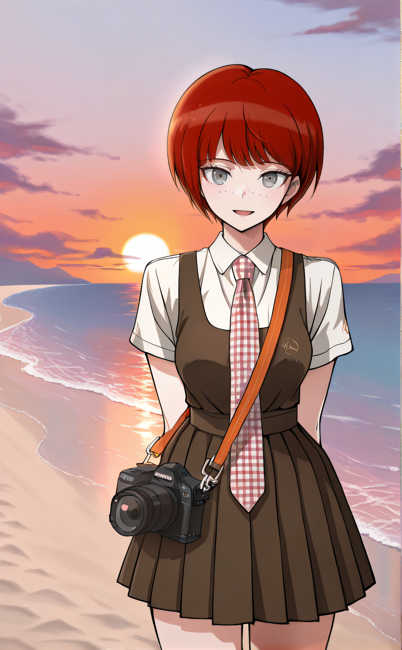 masterpiece, best quality, highres, scenery, newest, 1girl, solo, official style,  <lora:Koizumi_Mahiru:1>, mahiru, red short hair, grey eyes, freckles, white shirt, short sleeves, plaid necktie, pinafore dress, camera, smile, outdoor, beach, ocean behind, sunset, cowboy shot, looking at viewer, open mouth, arms behind back