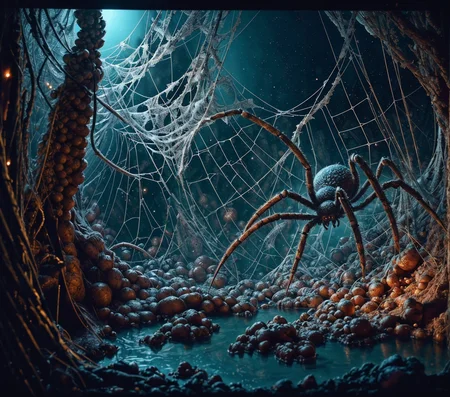 RAW photo, (masterpiece:1.3), subsurface scattering, heavy shadow, (high quality:1.4), (intricate, high detail:1.2), professional photography, HDR, High Dynamic Range, realistic, ultra realistic, photorealistic, high resolution, film photography, ambient lighting, atmospheric effects, <lora:detail_slider_v4:3>, OverallDetail, <lora:Spider_Lair:0.8>, cave, net, no humans, scenery, silk, spider, spider web, spidla, tree, water, epiCPhoto