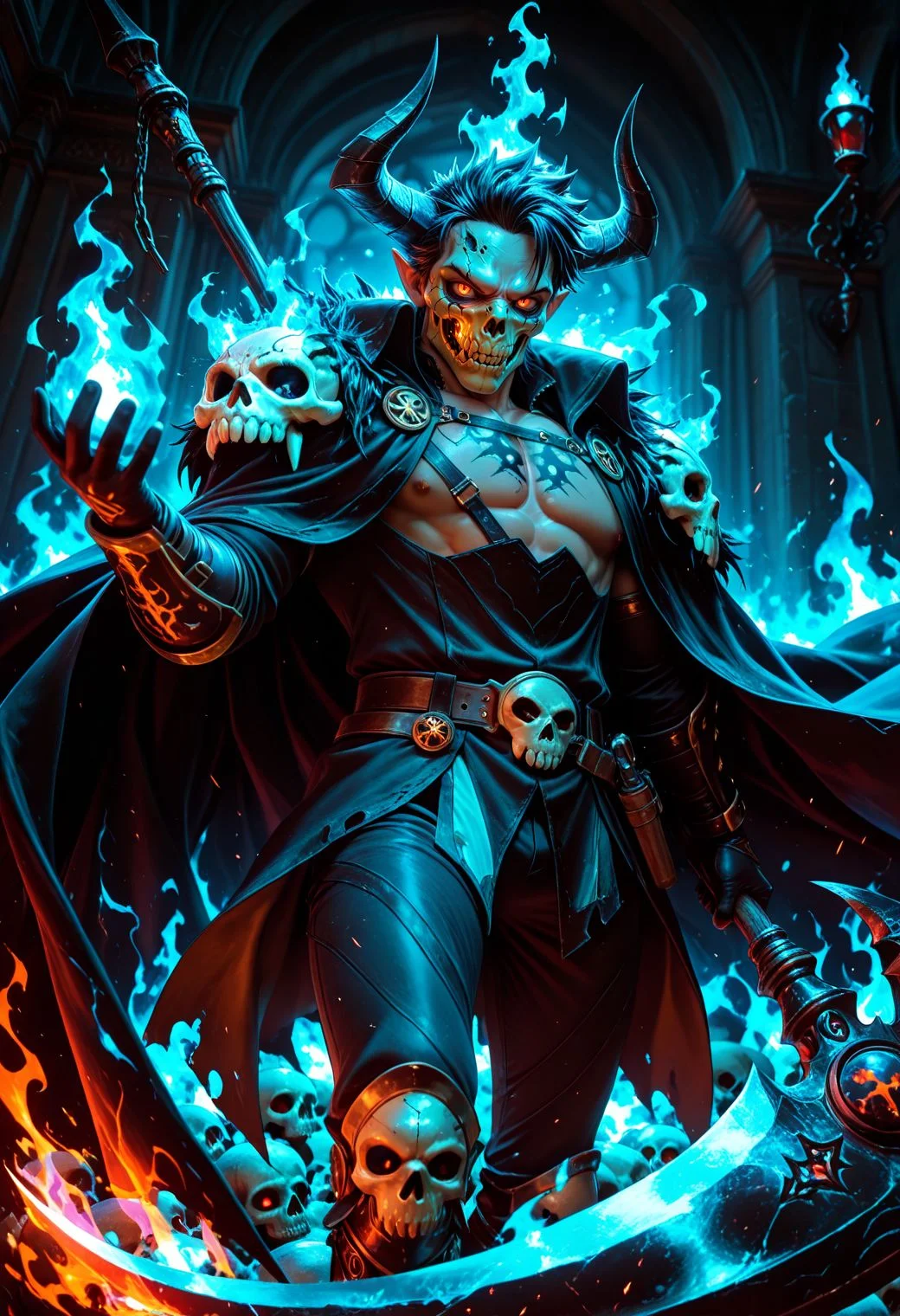SmoothNoob_Quality, 1boy, demon boy, a demonic-looking skull knight king with long, sharp incisors. The skull should emit flashes of scarlet energy and be surrounded by a flaming aura of blue fire. Holding large scythe, The skull should face directly into the camera, creating a shocking and terrifying image. Dark background, skull mask, floating cape, <lora:Smooth_Booster_v3:0.5>