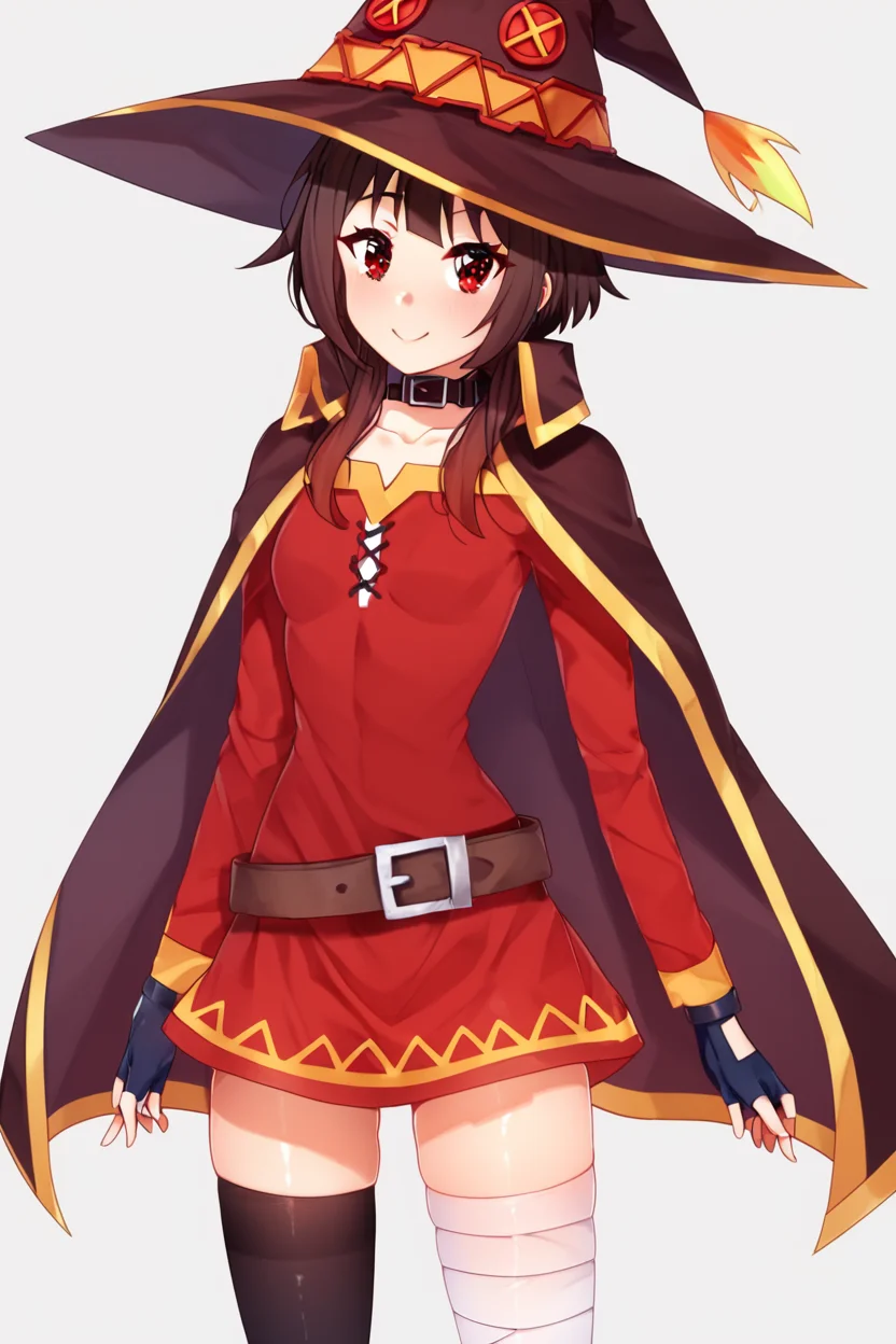 score_9, score_8_up, score_8, medium breasts, (curvy), cute, eyelashes, BREAK, , BREAK, <lora:konosuba-megumin-s2-ponyxl-lora-nochekaiser:0.7>, megumin, short hair, black hair, red eyes, short hair with long locks, thighhighs, gloves, hat, dress, black gloves, belt, black thighhighs, fingerless gloves, cape, collar, witch hat, bandages, red dress, single thighhigh, asymmetrical legwear, bandaged leg,, <lora:Puppypaww_Style_PDXL_v2:1.0>, , BREAK, smile, looking at viewer, cowboy shot, embedding:zPDXL, Expressiveh, <lora:SDXLFaeTastic2400:0.5>, <lora:Expressive_H-000001:0.4>,
