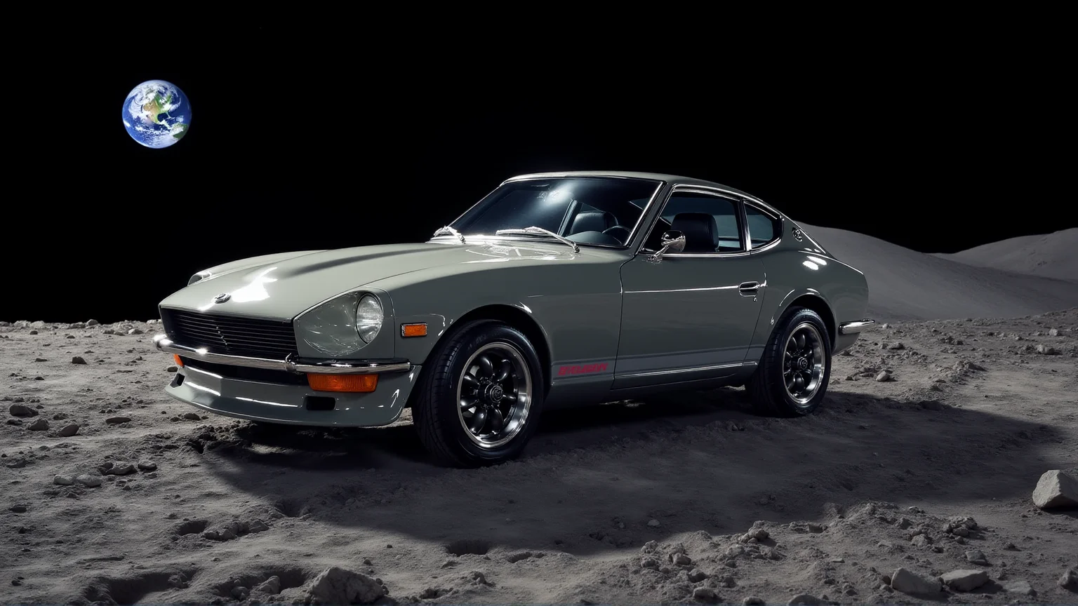 Under the otherworldly glow of Earthlight on the surface of the moon, a 1972 Nissan Datsun 240Z Fairlady in brushed steel silver gleams against the stark gray lunar dust. The carâs classic grille and recessed headlights reflect the distant Earth hanging in the black sky. Tracks from the carâs tires carve a path through the powdery terrain, blending the timeless design of the 240Z with the surreal, futuristic setting of space exploration
<lora:ral-nssndtsn_000001000:1>
