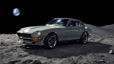 Under the otherworldly glow of Earthlight on the surface of the moon, a 1972 Nissan Datsun 240Z Fairlady in brushed steel silver gleams against the stark gray lunar dust. The carâs classic grille and recessed headlights reflect the distant Earth hanging in the black sky. Tracks from the carâs tires carve a path through the powdery terrain, blending the timeless design of the 240Z with the surreal, futuristic setting of space exploration
<lora:ral-nssndtsn_000001000:1>
