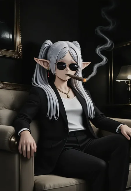 <lora:illustriousXLv01_stable_dark_v0.3:1><lora:noobai_ep11_stabilizer_v0.198_fp16:1>1girl,frieren,sunglasses,cigar in mouth,gold chain around neck,white shirt,black suit,sitting on sofa,dark room,dark,smoking,