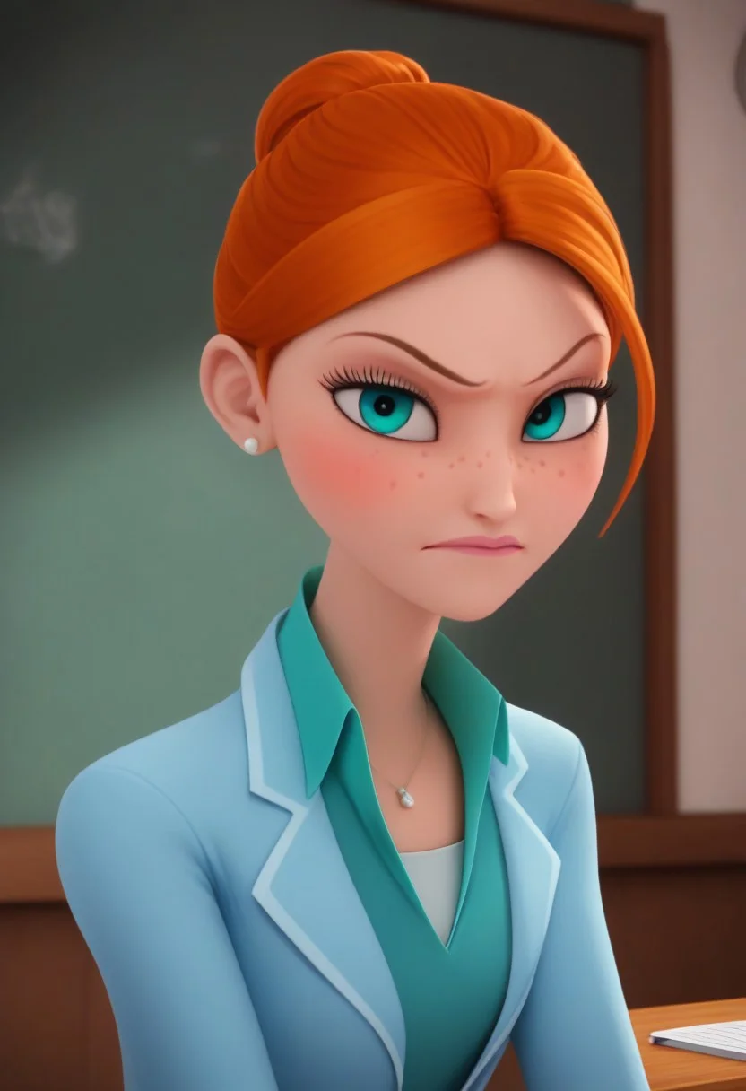 score_9, score_8_up, score_7_up, score_6_up, Super detailed, light-skinned, tall, orange hair which pulls back in a high bun, freckles, strong cyan eyes, light cerulean pants, white undershirt, moderate opal popped collared shirt, light cerulean jacket, body like in real life, large pores, unreal engine, octane render, droped shadow, bokeh, cinematic lighting, Caline Bustier, sunrise, smug, blush, Posing in a classroom, <lora:disgusted_face_xl_goofy:1> disgusted face, solo, 1girl, looking at viewer, disgust, dress, upper body,