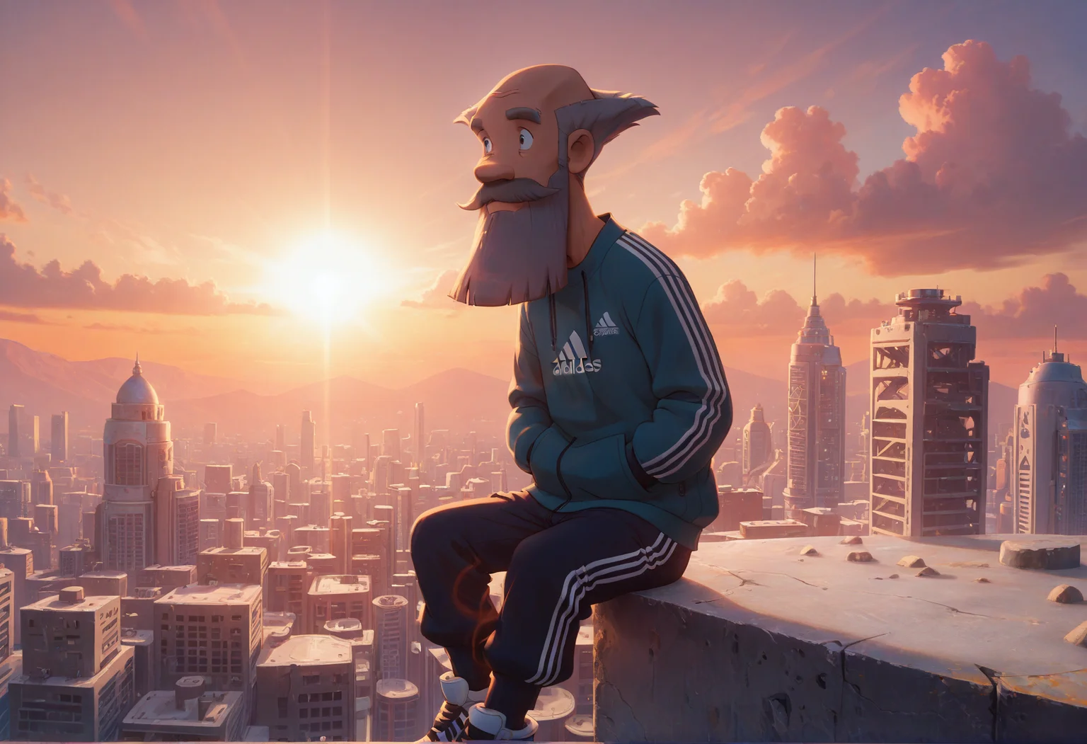 golden hour shot of anime artwork concept art (masterpiece), (best quality), (ultra-detailed),masterpiece, best quality, good quality, newest, highres, absurdres, volumetric lighting,gradient color, uncensored, BREAK raytracing, volumetric lighting, ambient occlusion, girl, background, masterpiece, best quality, very awa, absurdres,
<lora:NOOB_vp1_detailer_by_volnovik_v1:1.5>
<lora:tihon:1> tihon, 1boy, male focus, facial hair, mustache, blue eys, beard, grey hair, old, bald, closed mouth, solo, smirk,Looks away,
<lora:cfg_scale_boost:0.8>
<lora:dark_v1.9-pony:0.7> masterpiece, best quality, good quality, newest, highres, absurdres, (adidas:1.3), Russian city, concrete buildings, black sport wear, sunset <lora:WSSKX_WAI:0.7> Hands in pockets, sitting on the edge of the roof, . digital artwork, illustrative, painterly, matte painting, highly detailed . anime style, vibrant, studio anime, highly detailed. Warm light, sunset/sunrise, magical, serene in sustainable fashion. Eco-friendly, organic, recycled materials, fair trade
