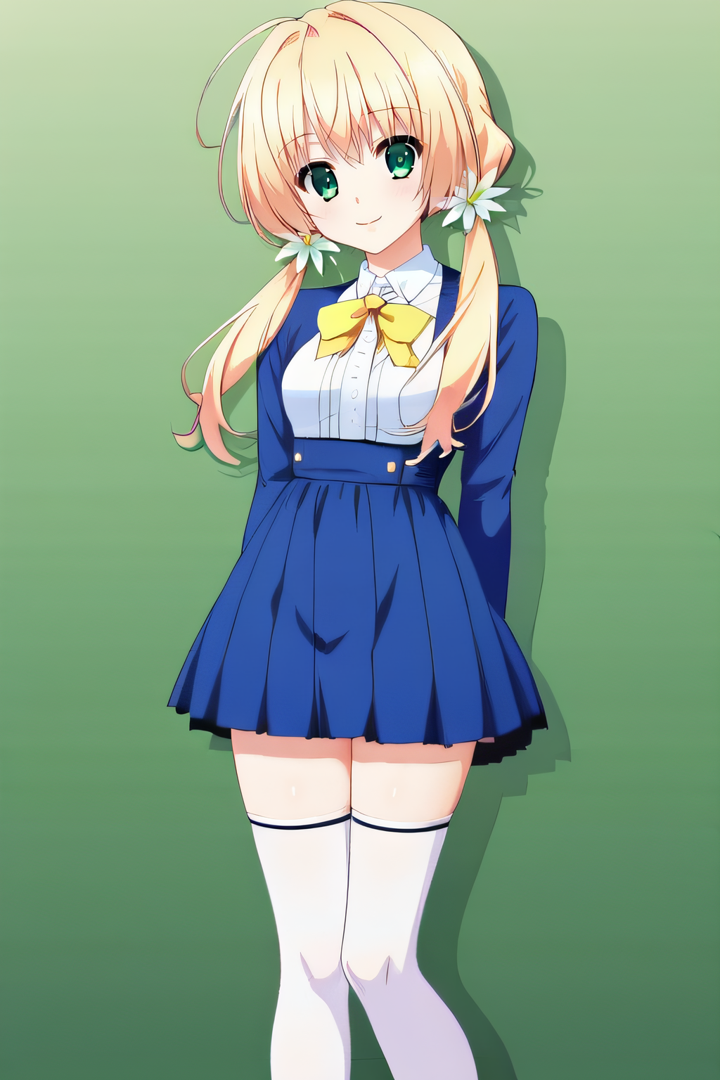 score_9, score_8_up, score_7_up, source_anime, rating_safe, intricate details, anime screencap, official style, 1girl, solo, <lora:Minahara_Himari:1>, minaharahimari, blonde hair, green eyes, hair_flower, low twintails, long sleeves, blue dress, collared dress, white chest, yellow ribbon, thighs, white thighhighs, smile, indoor, looking at viewer, simple background, arms behind back