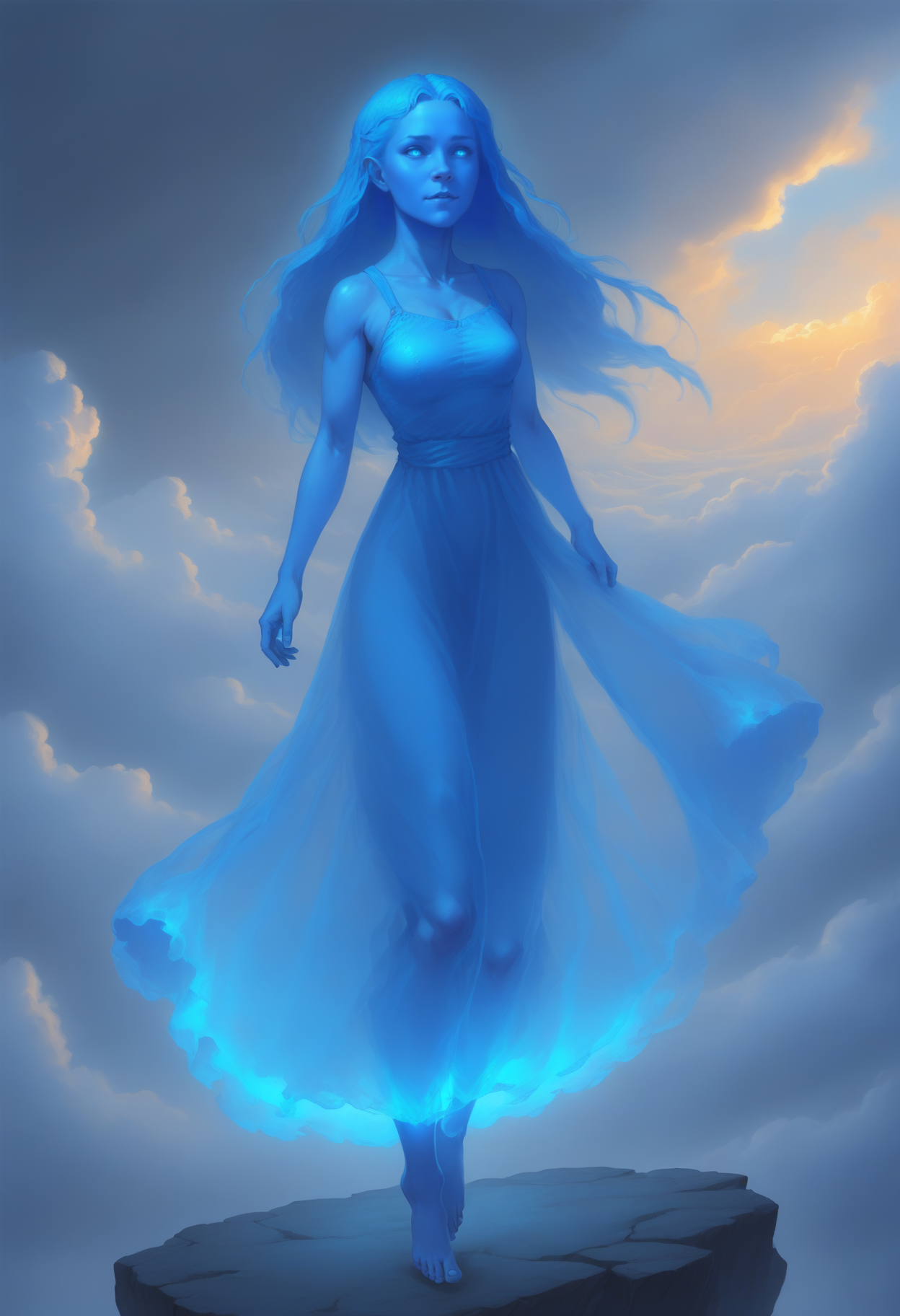 Sylphrena, spren, 1girl, long blue hair, blue skin, blue dress, barefoot, glowing blue light, clouds, mist, <lora:sylphrenahonorspren_sdxl:0.5>