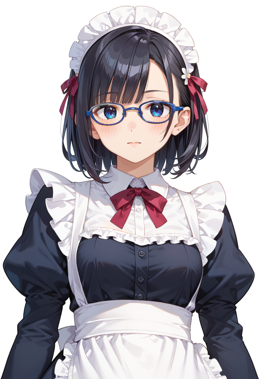 score_9, score_8_up, score_7_up, rating_safe, masterpiece, best quality, absurdres, unity 8k wallpaper, official art, official style, source_anime, uncensored, game cg, megami magazine,
1girl, solo, black hair, medium hair, upper body, covered eyes,maid, maid headdress, black dress, maid apron, face focus,
oval_metal, glasses, still life, white background, simple background, blue-framed eyewear,
 <lora:glasses_OvalMetal2_PONY_V1:1>
