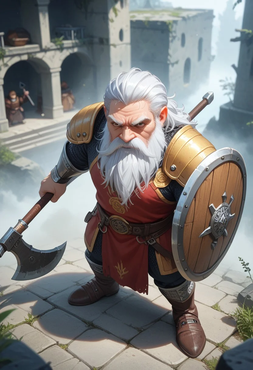 score_9, score_8_up, score_7_up, (solo:1.3),
old male, Dwarf, mature, realistic, axe and shield, short stature, white hair, beard, moustache, big nose, angry, holding axe, berserk, highly detailed,
source_anime, fog, (in the fog), ruins, surrounded by fire , medieval, fantasy,
from above, Expressiveh, solo focus, (blurry background) , masterpiece, silhouette,