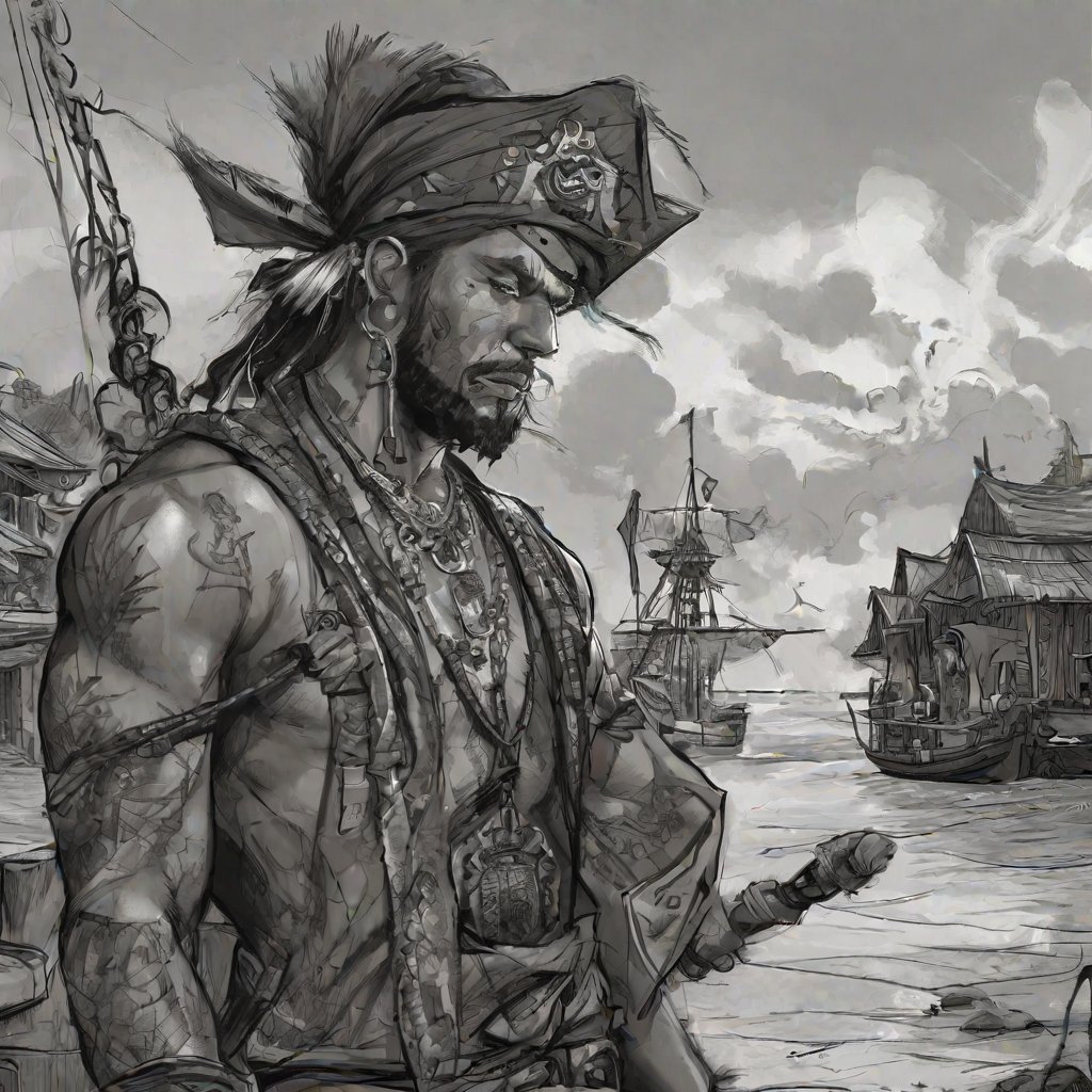 focus on character, portrait, (battlescars:0.7), looking down, solo, detailed background, (tribal aztec theme:1.1),  outlaw, tattoos, elaborate Air superiority , pirate sailor outfit, eyepatch,  pendant, dark expression, walking, sypglass, coastal pirate town,  pier, docks,   outpost,   peaceful, sunlight, pirate tents,    pirate fantasy atmosphere,  <lora:Charasilhouette-V1-000001:0.7> charasil style, monochrome, full body, silhouette