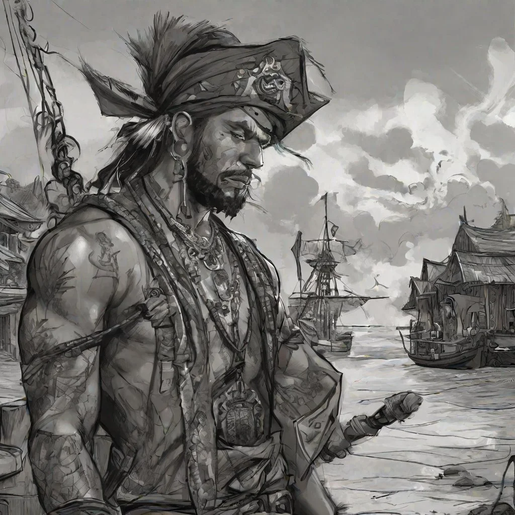 focus on character, portrait, (battlescars:0.7), looking down, solo, detailed background, (tribal aztec theme:1.1), outlaw, tattoos, elaborate Air superiority , pirate sailor outfit, eyepatch, pendant, dark expression, walking, sypglass, coastal pirate town, pier, docks, outpost, peaceful, sunlight, pirate tents, pirate fantasy atmosphere, <lora:Charasilhouette-V1-000001:0.7> charasil style, monochrome, full body, silhouette