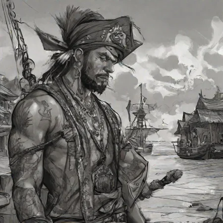 focus on character, portrait, (battlescars:0.7), looking down, solo, detailed background, (tribal aztec theme:1.1), outlaw, tattoos, elaborate Air superiority , pirate sailor outfit, eyepatch, pendant, dark expression, walking, sypglass, coastal pirate town, pier, docks, outpost, peaceful, sunlight, pirate tents, pirate fantasy atmosphere, <lora:Charasilhouette-V1-000001:0.7> charasil style, monochrome, full body, silhouette