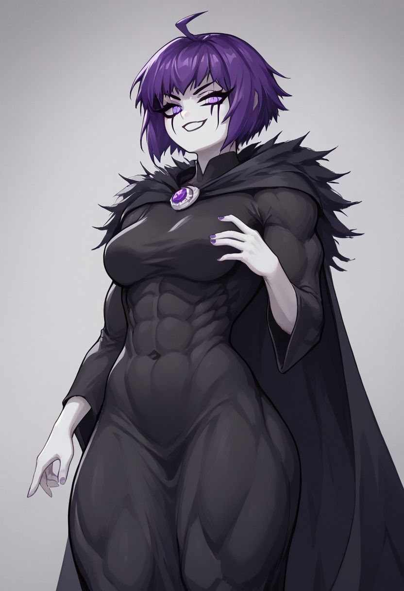 (masterpiece, score_9, score_8_up, score_8:1.3), eve_the_sorceress, solo, purple hair, 1girl, short hair, colored skin, purple eyes, ahoge, bangs, (long dress:1.1), black dress, long sleeves, wide sleeves, (white face:1.3), white hands, cape, thick thighs, (fur trim around shoulders:0.2), medium breasts, makeup, (muscular female:0.2), (shortstack:0.5), (dark skin:0.5), (torn clothes:0.5), ng_deepnegative_v1_75t, SimpleNegativeV3, close up, smirk,