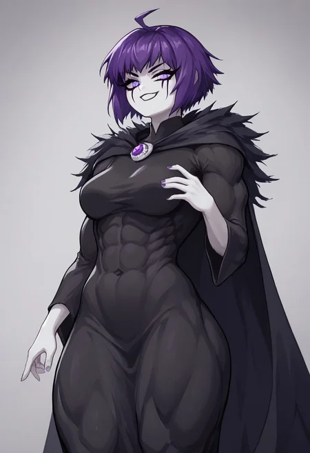 (masterpiece, score_9, score_8_up, score_8:1.3), eve_the_sorceress, solo, purple hair, 1girl, short hair, colored skin, purple eyes, ahoge, bangs, (long dress:1.1), black dress, long sleeves, wide sleeves, (white face:1.3), white hands, cape, thick thighs, (fur trim around shoulders:0.2), medium breasts, makeup, (muscular female:0.2), (shortstack:0.5), (dark skin:0.5), (torn clothes:0.5), ng_deepnegative_v1_75t, SimpleNegativeV3, close up, smirk,