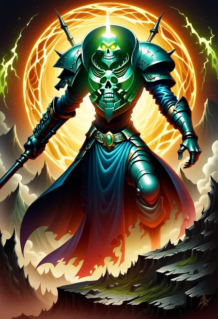 score_9, score_8_up, score_8, score_7_up,
A dark-robed necromancer stands atop a jagged cliff, wielding a jagged staff in one hand and a glowing skull in the other. His glowing eyes pierce the stormy night, and swirling green necrotic magic erupts from his hands, spreading across the battlefield. Emerging from cracked earth, skeletal warriors in ancient rusted armor claw their way to the surface, alongside shambling zombies in various stages of decay—some still wearing tattered clothes and others with exposed bone and flesh hanging from sinewy limbs.
The necromancer’s undead army is vast: towering abominations formed from stitched-together corpses, gaunt ghouls with jagged teeth, and spectral wraiths floating menacingly through the battlefield. In the background, flashes of lightning illuminate a distant, foreboding fortress, and the night is filled with the sound of clattering bones and guttural groans. The air is thick with tension, as the undead masses move in unison under their master’s command, ready to spread darkness and death across the land.