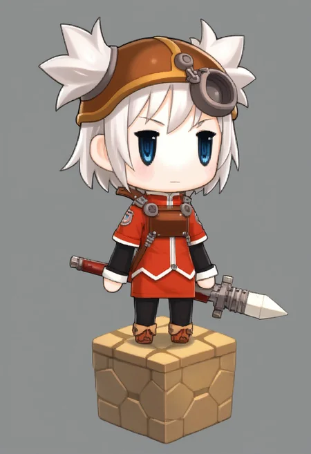 score_8, score_8_up, score_7_up, source_anime, anime screenshot, 1girl, female focus, solo, pratty_scs, white hair, helmet, hair through headwear, two side up, bangs, sidelocks, short hair, blue eyes, Mandarin collar, red jacket, chest guard, red skirt, layered sleeves, short over long sleeves, sleeve cuffs, pantyhose, black pantyhose, sheath, ankle boots, brown footwear, ffpictlogicastyle, chibi, full body, faux figurine