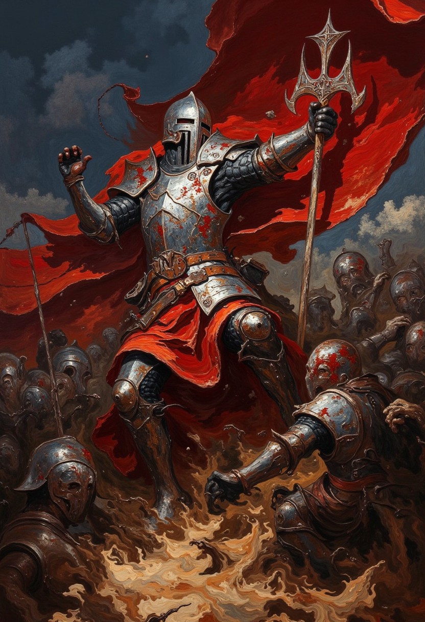 oil painting of a crusading knight swinging a morningstar amidst a battle. Dark colors. Title "Deus Vult",DB4RZ, DB4RZ style painting