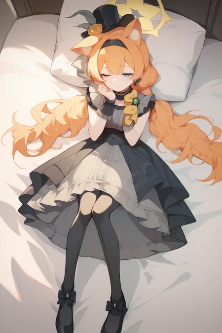 (score_9,score_8_up,score_7_up,),<lora:mari_(idol)-000024>,mari_(idol),orange hair,halo,animal ears,blue eyes,twintails,mini hat,low ponytail,yellow bow,frills,long hair,black pantyhose,black dress,black footwear,sleep molestation,