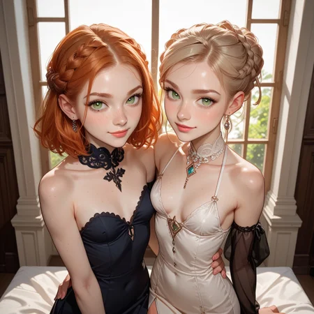 score_9_up, score_9, score_8_up, score_8, score_7_up, score_7, cinematic lighting, raw, high quality, 4k resolution, absurdres, masterpiece, dynamic lighting, high contrast, morimee_style, casual poses, giggling, [from above],
BREAK
2girls, flirting at a mansion party, cute face, , showing off, nip slip, seduction, (flirting:1.3), infatuated, sexy smirks, conspiratorial smile,
(1girl, ((blond hair)), french braid hair,), 1girl, green eyes, short ginger hair), freckles, (beautiful face:1.1), cute, coming of age, [large eyes], whispering to each hither, telling secrets, seductive face, fancy vintage dress, small breasts, thin waist, slender hips, thigh gap, unique faces, unique hair, different bodies, looking at viewer, questioning look, different dress,