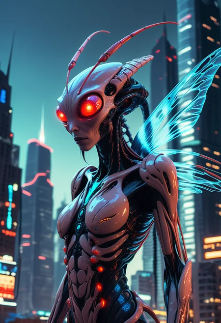 (medium full shot) of (captivating hybrid creature) with bioluminescent red skin, exoskeleton plates, elongated fingers, extra eyes on the forehead, ethereal wings, bioluminescent hair, insectoid antennae, in set in a futuristic alien city, with towering skyscrapers, neon lights, advanced technology, bustling alien inhabitants, ,Masterpiece,best quality, raw photo, realistic, very aesthetic