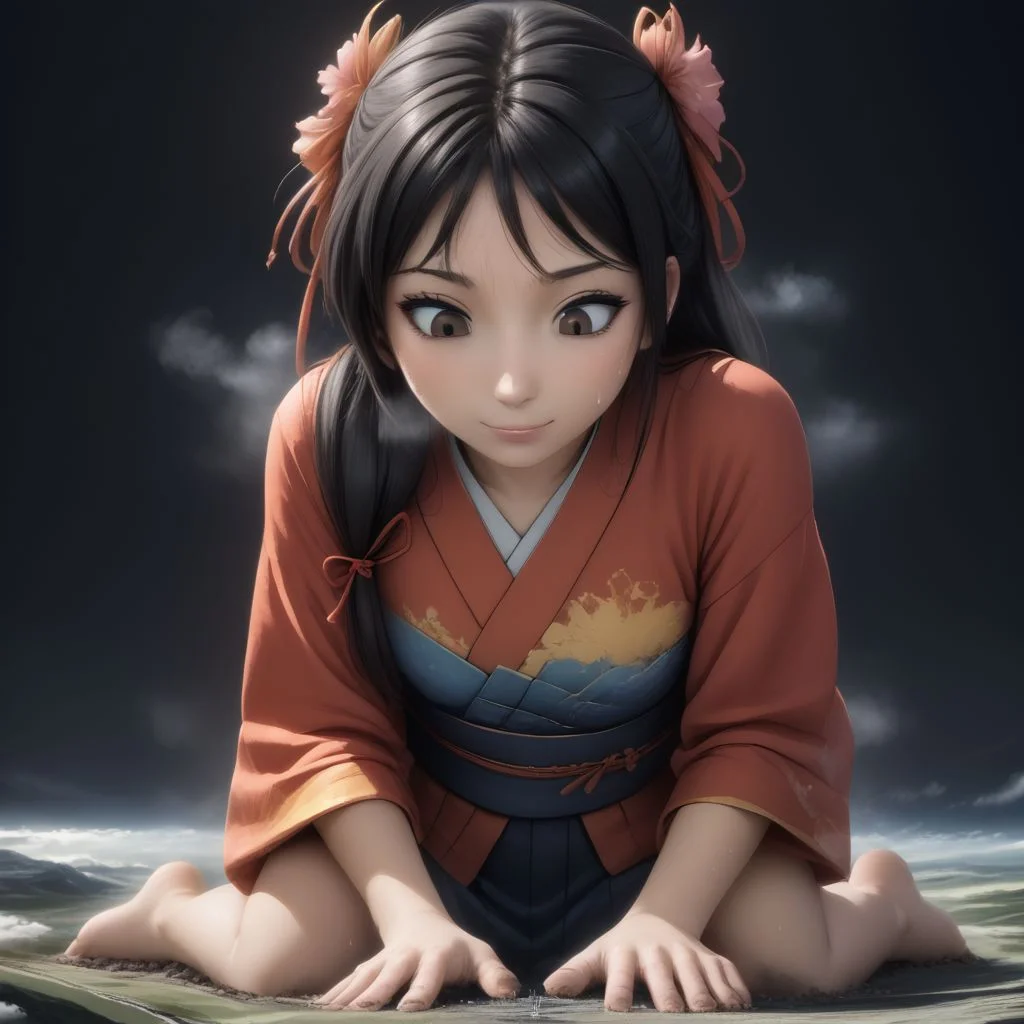 score_9, score_8_up, score_7_up, score_6_up, macro, giga macro, giantess,( 1girl:1.5), solo, solo focus,
(enju aihara, brown eyes, ribbon, hair ribbon,  ribbon, long hair, black hair, hair ornament, kimono, colorful kimono, flower girl, bare legs, barefoot, looking down, sweating, adorable girl:1.3), (kneeling, crawling, on her knees, kneeling down:1.4), smiling, (kimono:1.2),
(cute female, love, flower girl:1.5), 1girl, perfect feet, feet, looking down, (sweat, sweaty, very sweaty, steam, steamy:1.4), (bare legs, barefoot:1.3), toes, (crawling, all fours, looking down:1.4), (dirty feet, sweaty feet, sweaty soles, steamy feet, dirty soles, feet dripping sweat, feet dripping with sweat, feet steaming, steam around feet, very sweaty feet, sweat on soles:1.3), flower girl, very cute girl, (dirty, digging, dirty feet, smoke around feet, smoke from destruction, muddy legs, mud on feet, dirty:1.1),
extreme detail, realistic, realism, masterpiece, perfect lighting, bloom, cinematic lighting, highres, (ultra realistic, 32k, masterpiece:1.2), (high detailed skin:1.1), (high quality:1.1), (detailed background, very detailed background:1.2),
(landscape:1.5), stepping on a tiny landscape, tiny landscape, tiny cities, destruction, mass destruction, (from space, view from space, earth \(planet\), black background, night sky, space:1.3), (photo background:1.2), solo, (planet size, giga size:1.2)
