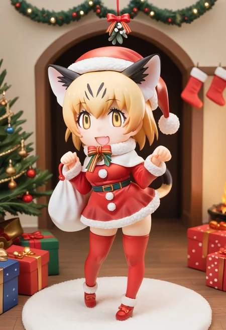 1girl, ((solo)), best quality, ultra-detailed, extremely detailed, perfect anatomy, masterpiece, score_9, score_8_up, score_7_up, Expressiveh, sand cat \(kemono friends\), 1girl, cat girl, cat ears, blonde hair, short hair, yellow eyes, cat tail, christmas tree, christmas decoration, christmas ornaments, underneath Christmas tree background, indoors, santa cosplay, santa outfit, santa hat, santa's sack, Christmas outfit, giant sack of presents, fully clothed, Christmas themed thighhighs, thighhighs, santa's sack of presents, red ribbon collar, Christmas presents, Christmas themed, living room, fireplace, (chibi), looking at viewer, smiling, eager, excited, happy, cute, adorable, surprised, hearts, shaking hips, hip sway, swaying hips, tail movement, tail_accessory, mistletoe_on_tail, mistletoe, dynamic lighting, looking at viewer, standing, standing on one foot, posing, paw pose,