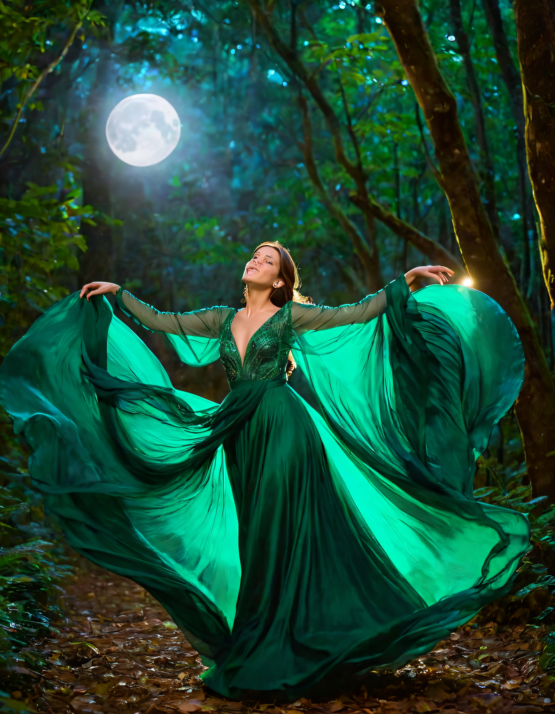 Amidst the mystical, enchanted realm of Rony's adventure, the woman in her radiant emerald gown with its flowing silk sleeves dances gracefully beneath the glowing moon, capturing each ethereal moment in the magical forest where a low bird's eye view camera angle perfectly frames this timeless, fairytale scene. <lora:kgyqls18f933280b7g346:1>