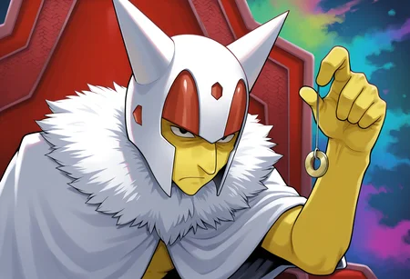 1boy, solo,
heika, helmet, horned helmet,throne,white clothes,red helmet, white helmet,color timer, black eyes,
hand up, holding pendulum, long_nose,pointy_nose,(no mouth:1.2),frown,glaring, leaning forward, yellow_skin,looking at viewer, fur collar,
colorful thme,psychedelic background,
masterpiece,best quality,amazing quality,very aesthetic,absurdres,newest,
<lora:StS-Illustrious-Detail-Slider-v1.0:1.5>,<lora:reduce_wrinkles_illstriouosv0.1_ADDifT_2_in_1_v1.2:0.8>, <lora:99coins_heika_IL_v3_10:1> <lora:pokemon-hypno-illustriousxl-lora-nochekaiser:1>, hypno, pokemon (creature), furry, furry male,
