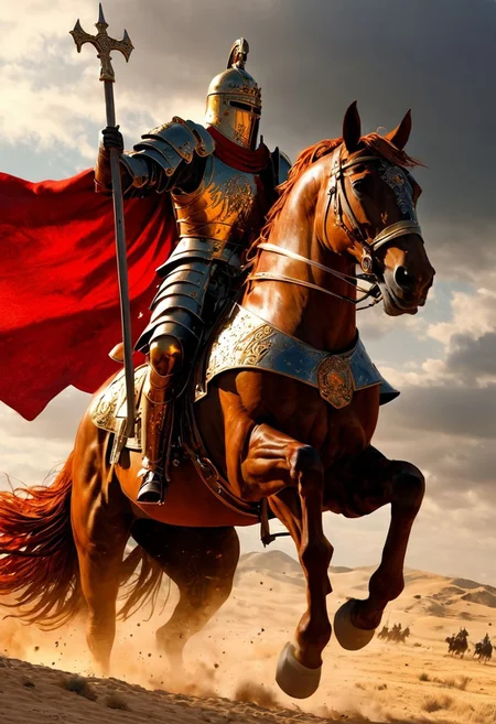 A mighty Byzantine Cataphract warrior, fully armored and mounted on a powerful horse, charges across a battlefield. The warrior wears heavy, ornate armor made of metal and scale, adorned with golden accents and Byzantine symbols. His helmet has a crest, a protective faceplate, and long cheek guards. His horse is also armored, covered in chainmail and plate, with a red and gold barding. The Cataphract holds a long lance in one hand, aimed forward, and a round shield in the other, featuring a Byzantine cross. The warrior’s face is hidden behind his helmet, but his posture conveys determination and strength. The background features a war-torn battlefield, with distant Byzantine soldiers fighting and a large, fortified city in the background. The color palette includes rich reds, golds, and dark metallics, evoking the power and majesty of the Byzantine Empire’s elite cavalry.
, moody light, by H.R Giger, 4k resolution digital art trending on Artstation and unreal engine 5, hyperrealism, full body shot, glowing eyes, cinematic, epic, masterpiece, surreal, fantasycore, hyperdetailed, ultra realistic, octane render, volumetric lighting, depth of field, bokeh, 8 <lora:Details:0.85>