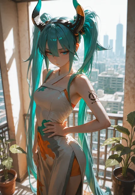 masterpiece, ultra-HD, cinematic lighting, photorealistic, impressionism (1.5), high detail, depth of field, (blurred background), (dramatic lighting),masterpiece, best quality, very aesthetic,8k,masterpiece, best quality,realistic, masterpiece, best quality, 8k,
, simple_background, ,
, half close-up,
dragon miku \(project voltage\), pokemon, 1girl, slender waist, fair skin, freckles, aqua eyes, blue eyes, heterochromia, hair between eyes, very long hair, long hair, twintails, fake horns, shoulder tattoo, standing, hand on hip, facing camera, head tilted slightly, city rooftop, cinematic tone, rim light, morning sun, cityscape, balcony railing, urban garden, potted plants, concrete pillars, silhouette of skyscrapers