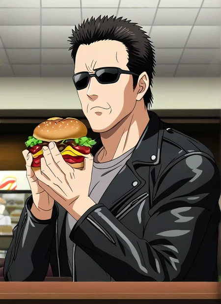 <lora:terminator2_t800:1>terminator2_t800,2ts hair,black leather jacket,black sunglasses,gray shirt,looking at viewer,detailed,4k,black leather pants,male,man,adult,anime style,mature man,anime screencap, sitting, restaurant background, holding burger, eating burger, food,table, <lora:Anime_Screencap:1>