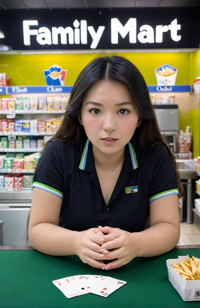 Asia's Gambling God,50mm lens, f/2.8 , 1/50s , iso3200 close-up , , Inside Family Mart, soft blurring in background , warm lighting contrasted with brightly colored chips on the table , Calm tension and concentration , Medium view with lady in the center, chips and poker game form the foreground ¸  <lora:fm2:0.75>   Family Mart and Cigarettes, Counter
and
Professional Interior Design  <lora:xl_more_art-full_v1:0.25>
