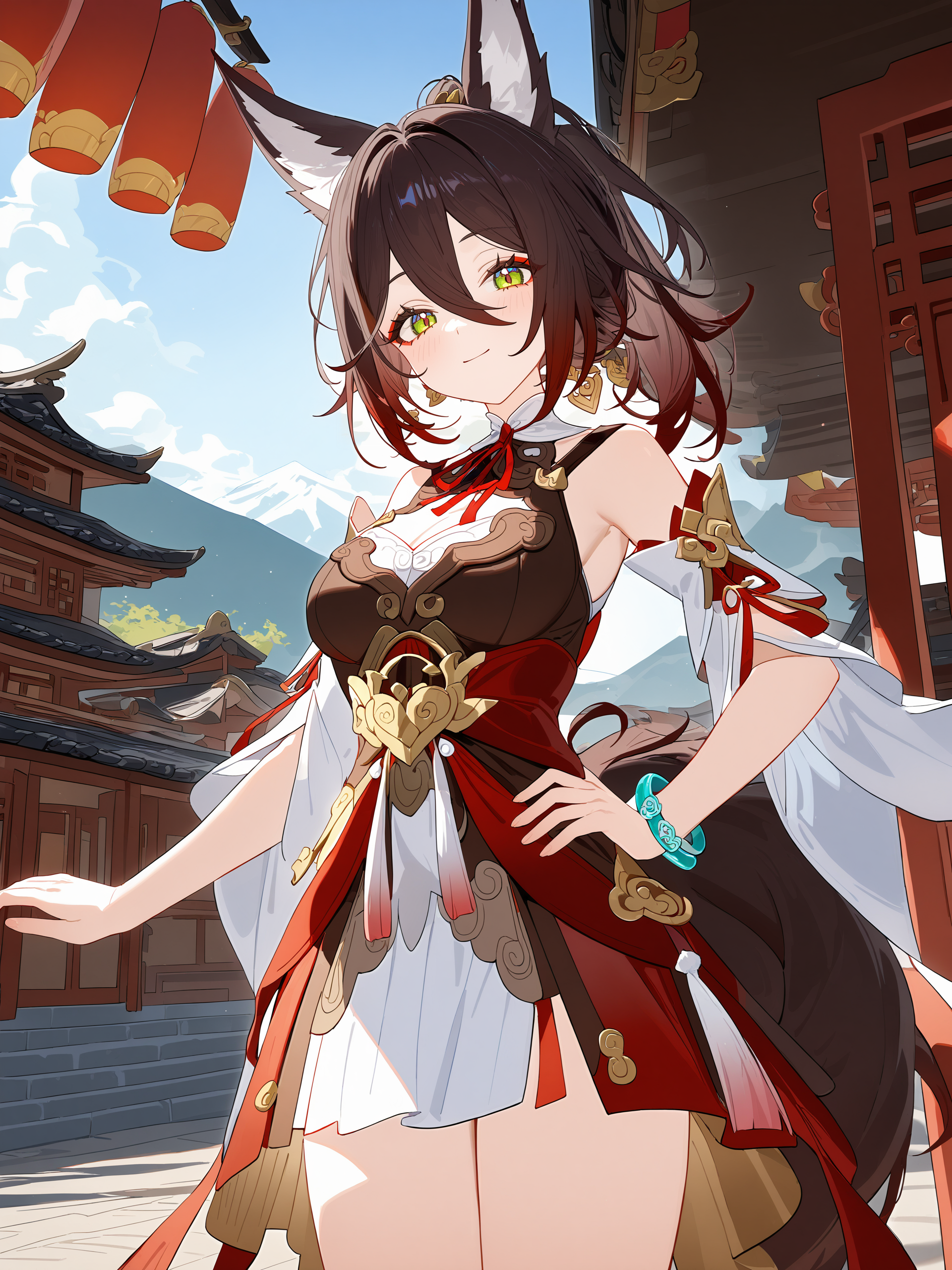 1girl, tingyun \(honkai: star rail\), solo, sleeveless dress, tail, waist sash, neck ribbon, chinese hairpin, ponytail, bracelet, detached sleeves, cowboy shot, standing, hand on hip, floating hair, looking at viewer, light smile, mountain, east asian architecture, outdoors, depth of field illustration, incredibly absurdres, ultra detailed, masterpiece, best quality, perfect features, intricate details, ray tracing, very aesthetic, [<lora:XL-detailed_notrigger:0.95>::0.5],  <lora:Char-HonkaiSR-Tingyun-V1-SDXL:1:hr=0.6>,