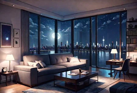 ((front view)), Shallow scene, ((animation style)), modern-style interior, with white walls, (large windows), a  study, Sofa, coffee table, bookcase, single wall, (gloomy room), Turn off the indoor lights and turn on only the desk lamp, quiet and mysterious night sky, starry sky, moonlight, city night view, (City high-rise building scenery), (City scenery outside the window)
