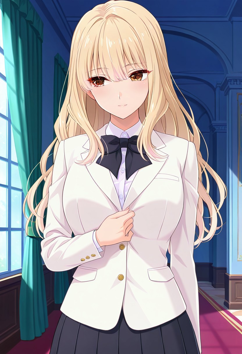 absurdres, best quality, masterpiece, amazing quality, highres, newest, detailed, source anime, anime coloring, beautiful, indoors, mansion,
BREAK
1girl, solo, standing, KijHyou, brown eyes, blonde hair, long hair, wavy hair, light smile, 
White jacket, white inner shirt, black skirt, pleated skirt, black bowtie