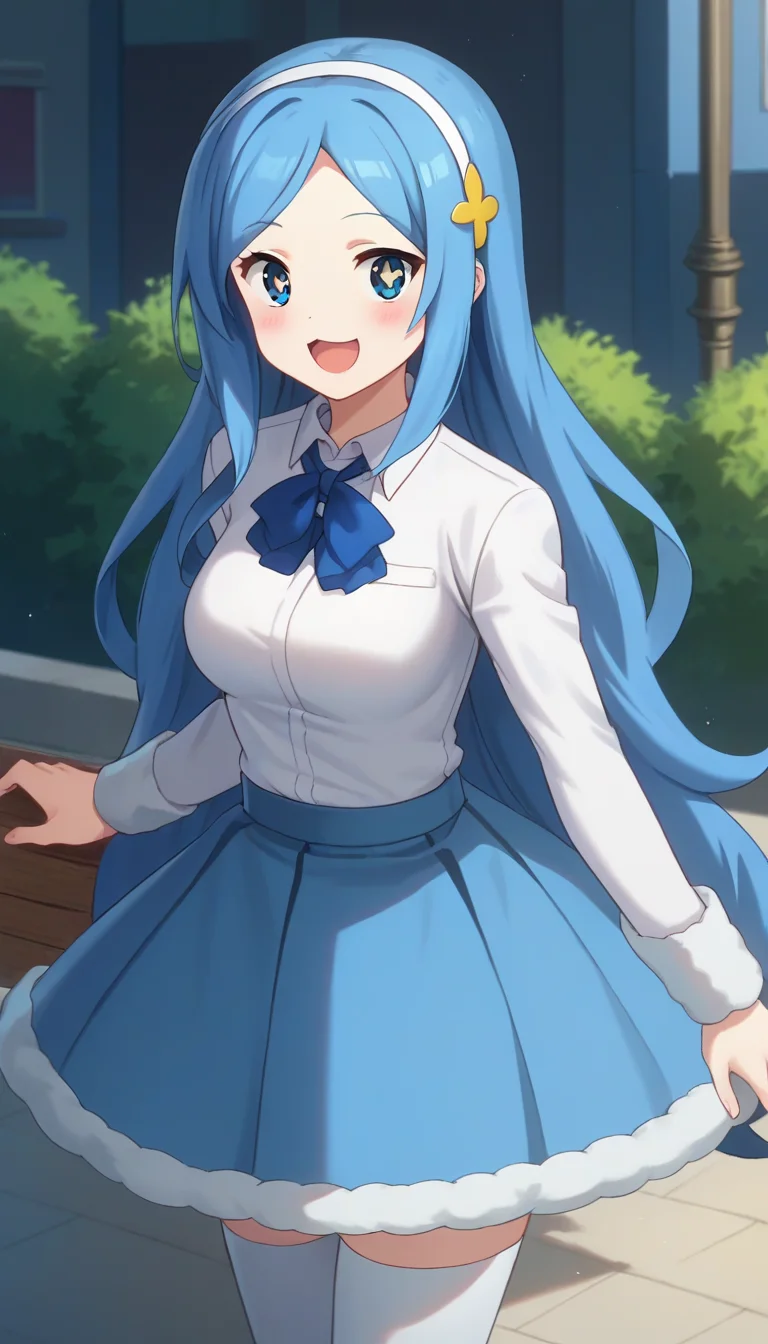 score_9,score_8_up,masterpiece,best quality,correct anatomy,anime_source,1girl,solo,perfect eyes,perfect arms,perfect legs,perfect face,outdoors,cowboy shot,looking at viewer,facing viewer,smile,:d,blush,Sylphynford Tachibana,very long hair,blue hair,hair ornament,white hairband,sidelocks,forehead,bangs,blue eyes,star-shaped pupils,+_+,:3,open mouth,school uniform,blue bowtie,neck ribbon,blue ribbon,white shirt,collared shirt,long sleeves,medium breasts,blue skirt,fur trim,white thighhighs,zettai ryouiki,loafers,<lora:Sylphynford Tachibana(huc)-Pony:1.6>,