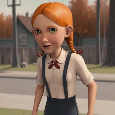 score_9_up, BREAK, JennyBennett , 1girl, solo, orange hair , twin braids, green eyes, red ribbon, white collared shirt, suspenders, suspender skirt, cowboy shot, outdoors, <lora:JennyBennett_PXL_Leaf1:1>, depth of field, looking at viewer,
