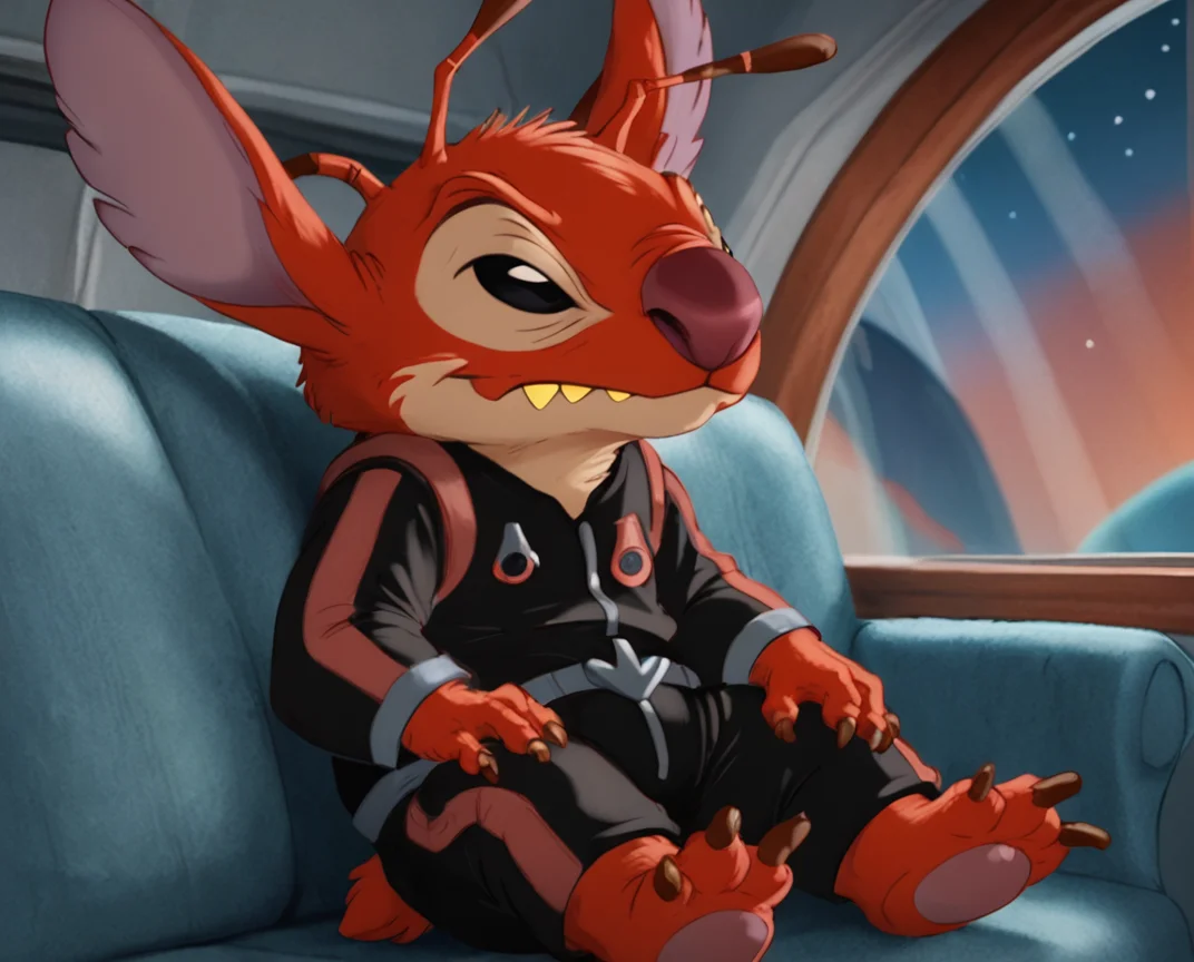 score_9, score_8_up, score_8, <lora:Leroy_aka_Experiement_627_Leroy_and_Stitch_for_PonyXL:0.8> 1boy, furry, antennae, ler0y, solo, black eyes, sitting on couch, window, detailed backround, space outfit