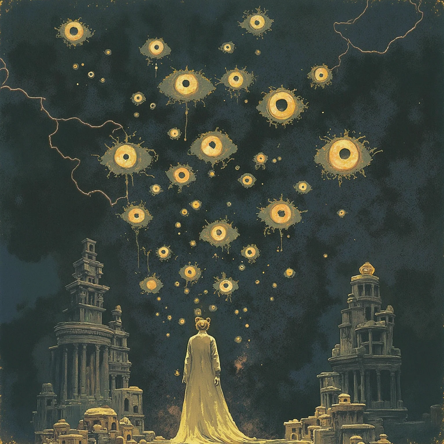 Above the abyss, on a floating citadel shrouded in a perpetual twilight, a vintage photograph begins to crumble into pieces. The once-whole image now splits apart, revealing a sea of eyes glowing in the darkness, their piercing gaze fixed on the subject before them. The individual's face contorts in terror as they stare back at the unblinking orbs, frozen in time. In the background, a thunderstorm rages on, with flashes of lightning illuminating the dark clouds. The air is thick with an otherworldly energy, heavy with the scent of brimstone and, <lora:Flux_Turbo_Alpha.safetensors:1.0> <lora:xijie_crayon-20.safetensors:0.25> xijie_crayon cute crayon drawing <lora:flux.1_lora_flyway_Epic-detail_v2.safetensors:0.4> epic gorgeous details