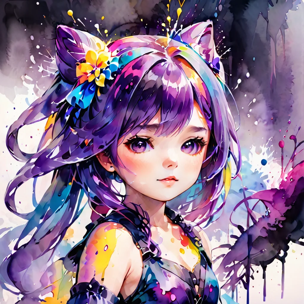 a cute bared little girl composed of colorful splashing ink,
keqing \(genshin impact\),purple hair,hair ribbon,long hair,
ink splashing,<lora:ink_splashing:0.7>,<lora:Keqing2_xl:1>,