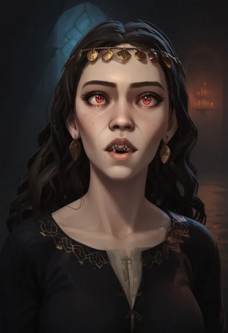 score_9, score_8_up, score_8_up, raw, perky breasts, ck3_fem_char_1, vampire, pale white skin, bloodshot eyes, red eyes, earrings, gold circlet, wavy hair, vampire, black silk medieval tunic, dark castle hallway, night,