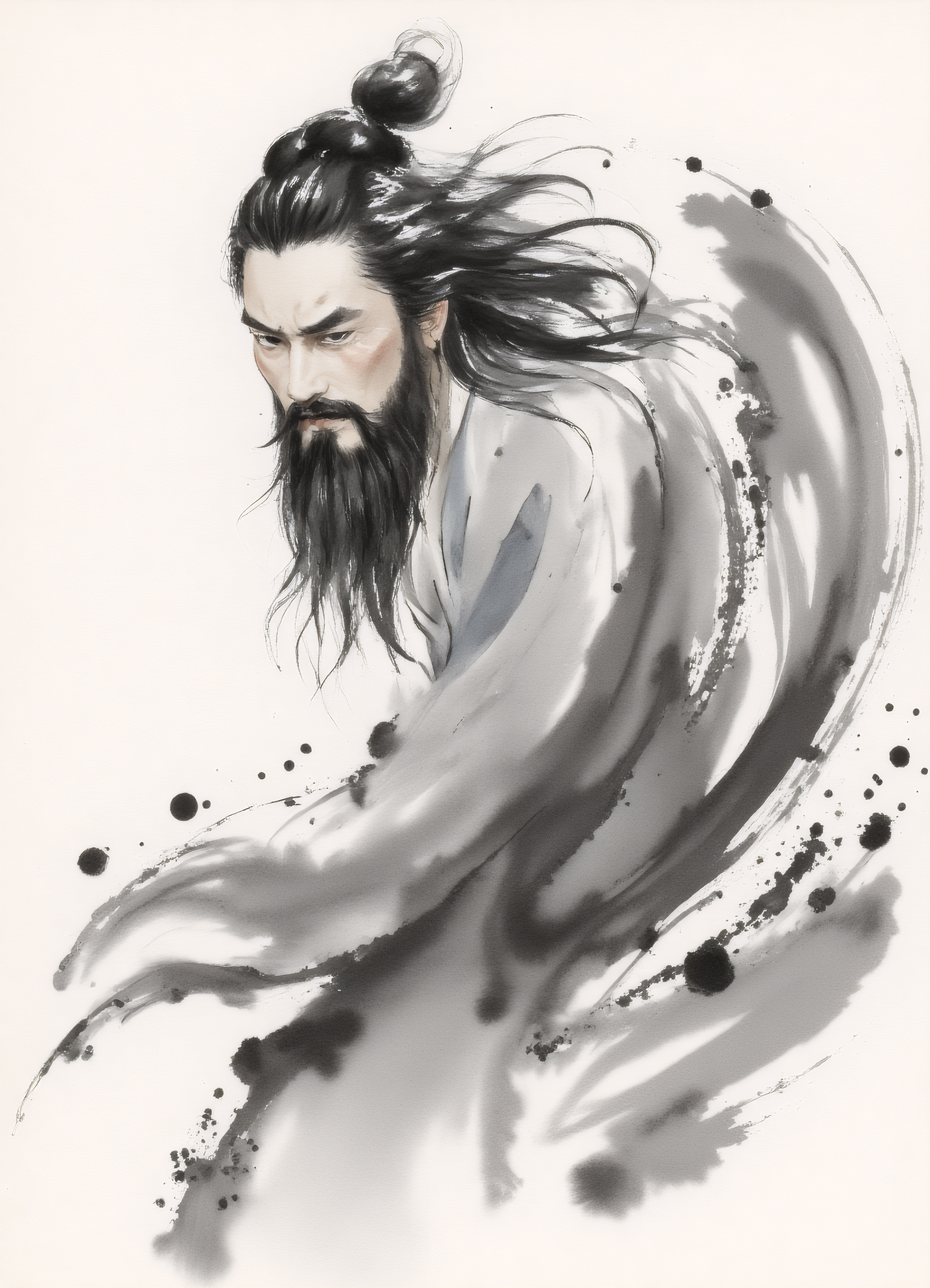 zydInk, , a Chinese man, from half-side, dynamic pose, long hair, with a furrowed brow and narrowed eyes. abstract and dynamic background, swirling ink strokes, motion and energy around the figure, snowflakes floating in air.