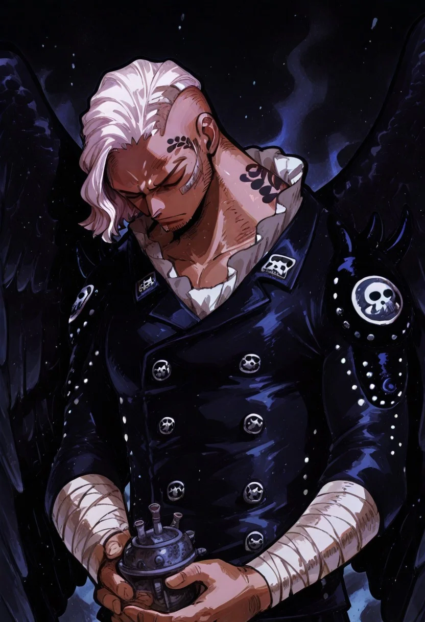 king, conflagration, lunarian, one piece, solo, wings, shirt, closed eyes, bandages, black wings, upper body, white hair, feathered wings, 1boy, bandaged arm, short hair, , SOLO, 1BOY, thick outline, black outline, holding, black wings, no humans, buttons, tattoo, beard, parody