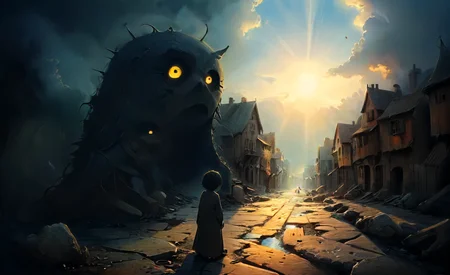 studio ghibli, darkest small necropolis night of the envy sitting hiding tiny dead wast (landscape:1.1), moon, eclipse, fog, BREAK lovely day of the happy living thriving busy , (village:1.1), city, sun, god-rays, highly detailed, landscape, panorama, wide-angle, moody, atmospheric, masterpiece, high resolution, hdr, 8k, composition, shadows, clouds, (complex:1.1), <lora:- SDXL - vanta-black_contrast_V3.0:0.7>, <lora:- SDXL - otclillsn_impossible_geo_V1.0:0.7>, <lora:dfantasy:0.8>, <lora:The_Simplest:0.8>, <lora:DonMP41n717Bl4ckXL:0.4>, <lora:SDXL - Style - EldritchRomanceIllustration1.3.1:0.4>, <lora:artfullyECHELIER_SDXL_V1:0.4>