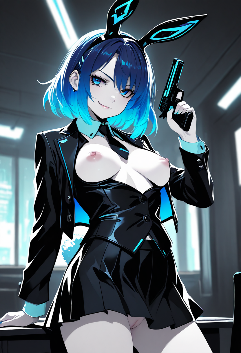 pale skin, <lora:CatGirlStyleNeon_V1-000003:1>, Smooth Quality, 
1girl, blue hair, bunny ears, bunny tail, masterpiece, 4k, medium breasts, cute, adult, neon edge, shirt with buttons, jacket, vest, black skirt, blue eyes, tie, gun in hand, pussy, pussy outline, nipples, smirk,
